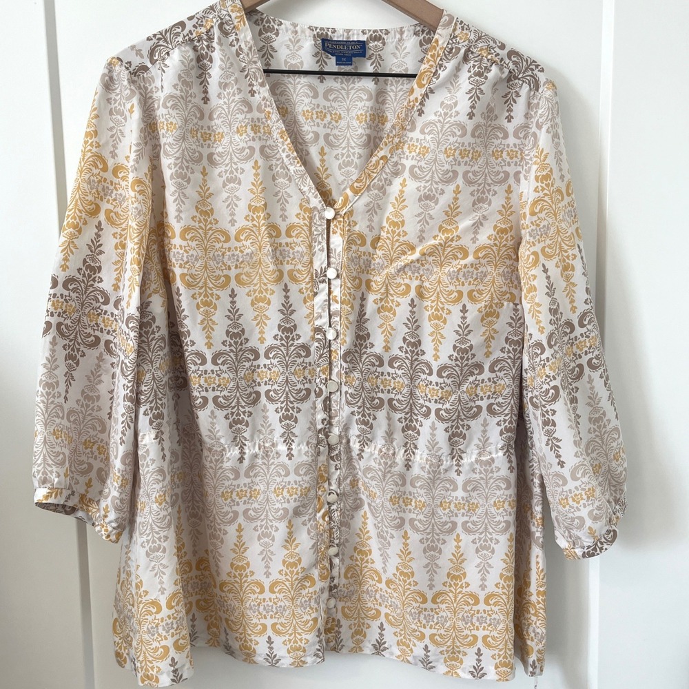 Pendleton 1X Silk Damask Button Front Blouse Yellow Tan 100% Silk 3/4 Sleeve